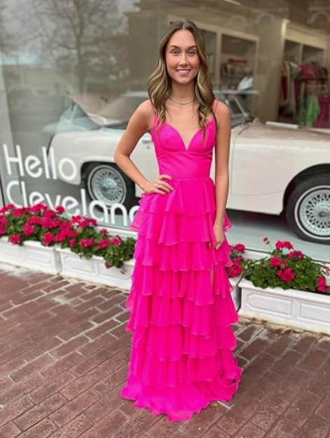 Hot Pink Spaghetti Straps Tiered Long Prom Dress gh2790