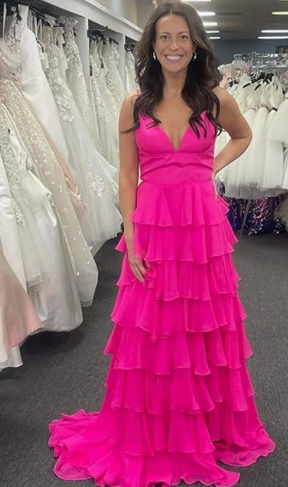Hot Pink Spaghetti Straps Tiered Long Prom Dress gh2790