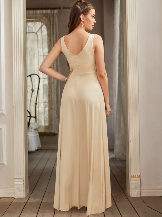 Gold V Neck Long Bridesmaid Dress with Slit  gh2080