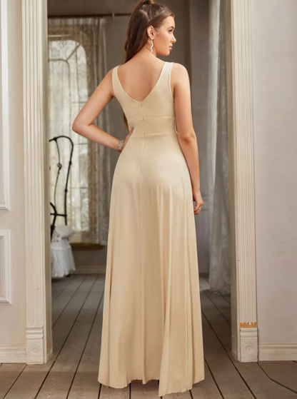 Gold V Neck Long Bridesmaid Dress with Slit  gh2080