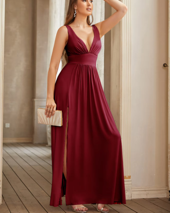 Gold V Neck Long Bridesmaid Dress with Slit  gh2080