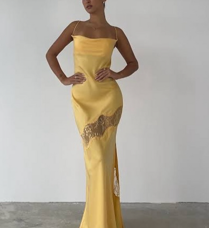 Yellow new lace spaghetti straps sexy backless mid-length elegant satin prom dress evening dress party dress gh1977