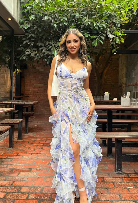 Blue Charming Floral A-Line Spaghetti Strap Long Ball Gown Party Dress Evening Gown gh3009