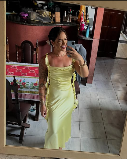 Yellow Fashion Elegant Long Slim Fit Ruffle Satin Ball Gown Evening Dress Garden Party Dress Graduation Dress Prom Dress Wedding Guest Party Dress Bridesmaid Dress gh3984