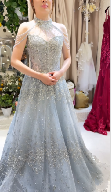 Light blue elegant gorgeous exquisite beaded long Tulle shining ball gown evening dress wedding dress gh4353