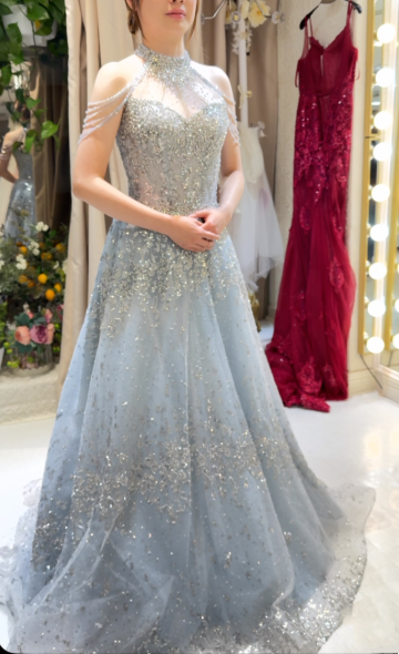 Light blue elegant gorgeous exquisite beaded long Tulle shining ball gown evening dress wedding dress gh4353