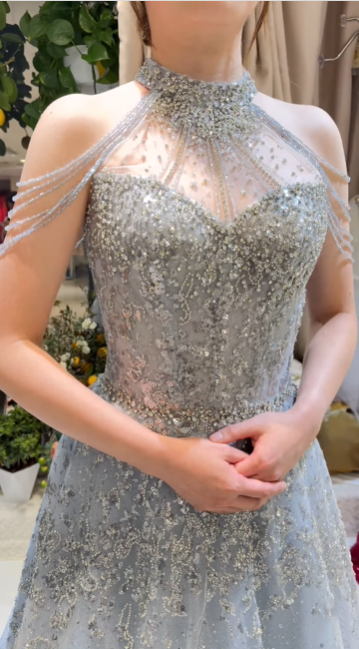 Light blue elegant gorgeous exquisite beaded long Tulle shining ball gown evening dress wedding dress gh4353