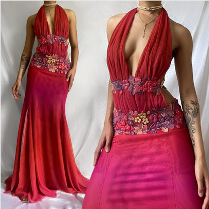 Red Elegant Floral V Neck Long Chiffon Ball Gown Evening Gown Party Dress gh4444