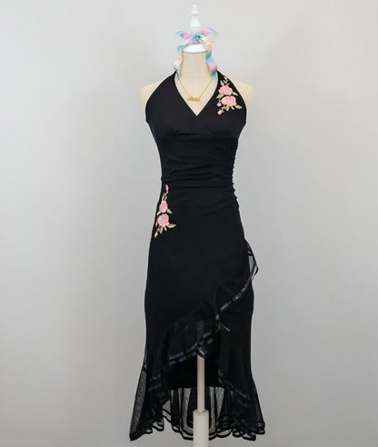 Black Vintage Halter Neck Embroidery Pink Floral Long/Mid-Length Chiffon Homecoming Dress Prom Dress gh4652