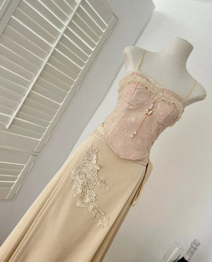Pink Vintage Floral Applique Long Ball Gown Evening Dress Two Piece Set gh4656