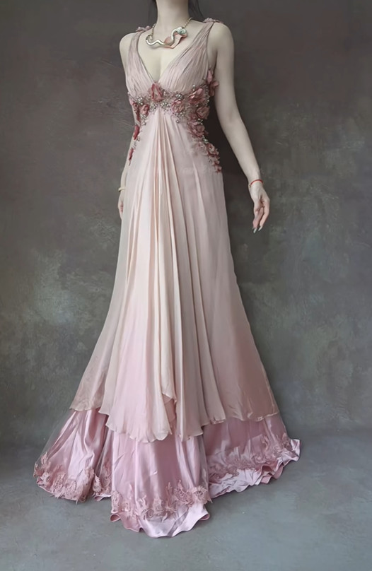 Pink Floral Beaded Long Chiffon Ball Gown Evening Dress Party Dress gh4703
