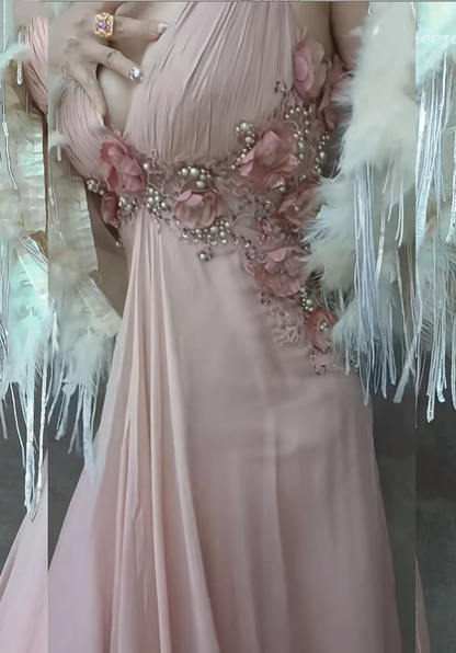 Pink Floral Beaded Long Chiffon Ball Gown Evening Dress Party Dress gh4703