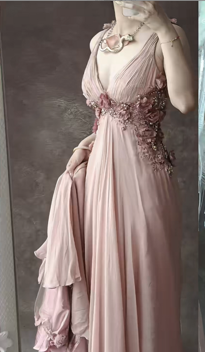 Pink Floral Beaded Long Chiffon Ball Gown Evening Dress Party Dress gh4703