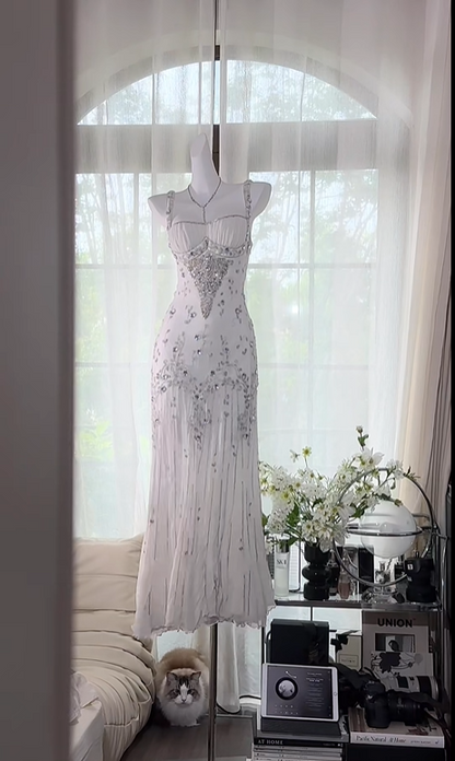 White Shiny Beaded Long Chiffon Ball Gown Evening Gown Party Dress gh4746