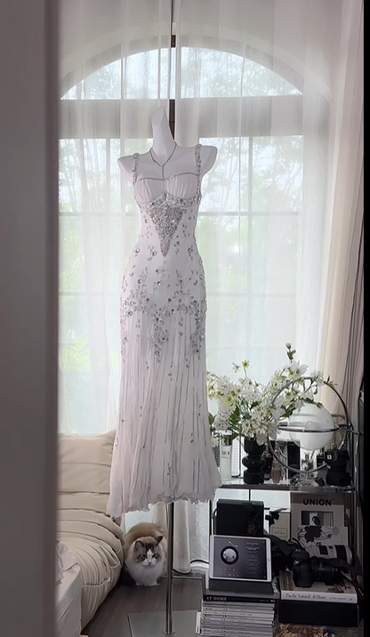 White Shiny Beaded Long Chiffon Ball Gown Evening Gown Party Dress gh4746
