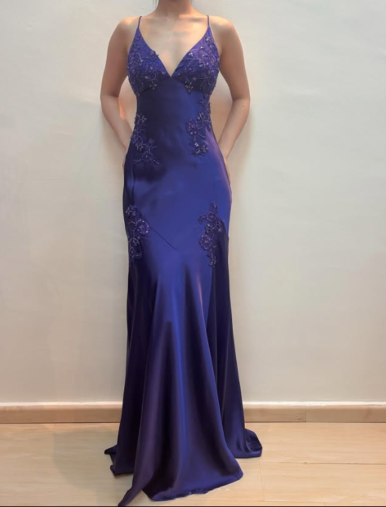 Purple Beaded Long Satin Ball Gown Evening Dress Party Dress gh4811