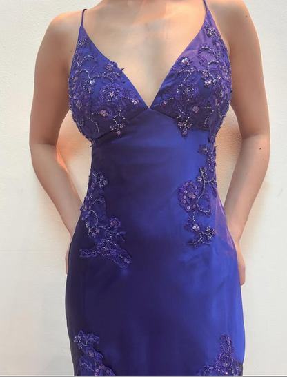 Purple Beaded Long Satin Ball Gown Evening Dress Party Dress gh4811