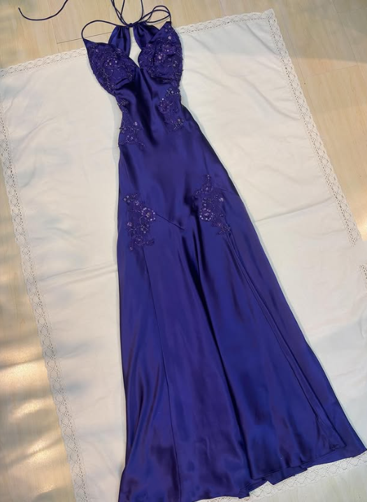 Purple Beaded Long Satin Ball Gown Evening Dress Party Dress gh4811