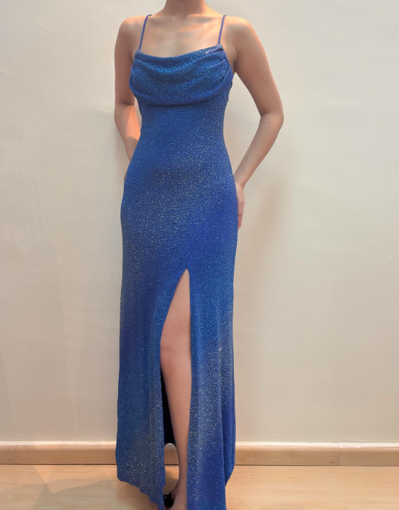 Blue Sparkling Long Satin Ball Gown Evening Gown Party Dress gh4812