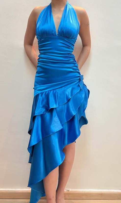 Blue Ruffle Satin Homecoming Dress Fashion Birthday Party Dress gh4813