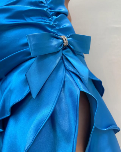 Blue Ruffle Satin Homecoming Dress Fashion Birthday Party Dress gh4813