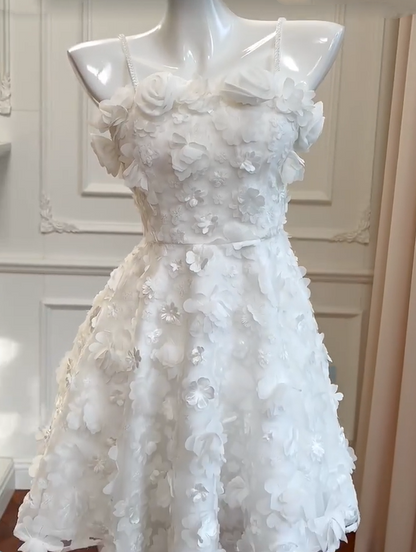 preppydressess -White three-dimensional flower tube top sweet cute short chiffon homecoming dress birthday party dress gh5098