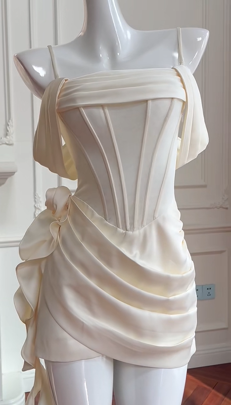 preppydressess -Beige fishbone suspenders sweet simple short satin homecoming dress birthday party dress Prom dress gh5101