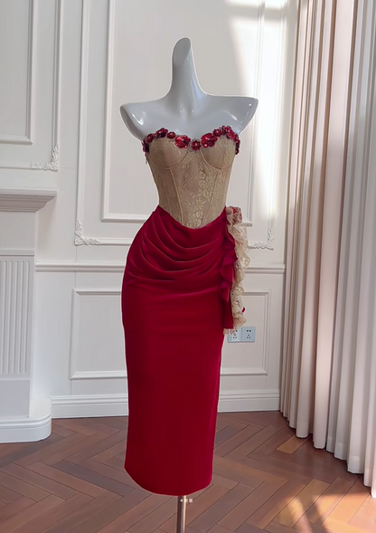 preppydressess -Red vintage velvet floral short homecoming dress birthday party dress Prom dress gh5102