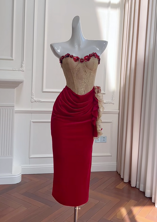 preppydressess -Red vintage velvet floral short homecoming dress birthday party dress Prom dress gh5102