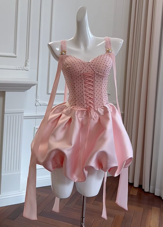 preppydressess -Cherry Blossom Pink Bud Short Satin Lace Homecoming Dress Birthday Party Dress Prom Dress gh5104