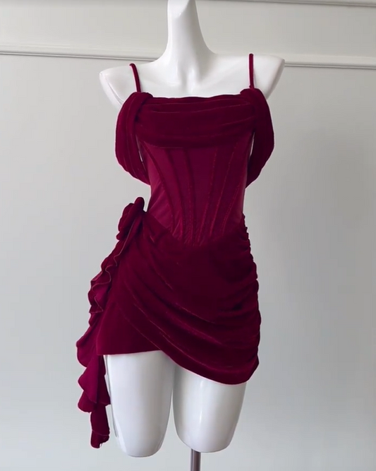 preppydressess -Burgundy velvet sling fishbone slim waist short homecoming dress birthday party dress Prom dress gh5105