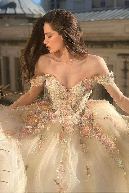 Gorgeous Off Shoulder Champagne Lace Floral Prom Dress, Long 3D Flower Champagne Formal Evening Dress, Champagne Ball Gown KS2451