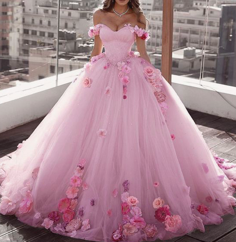 Off Shoulder Tulle Ball Gown Wedding Dresses Floral Flowers Beaded P5461