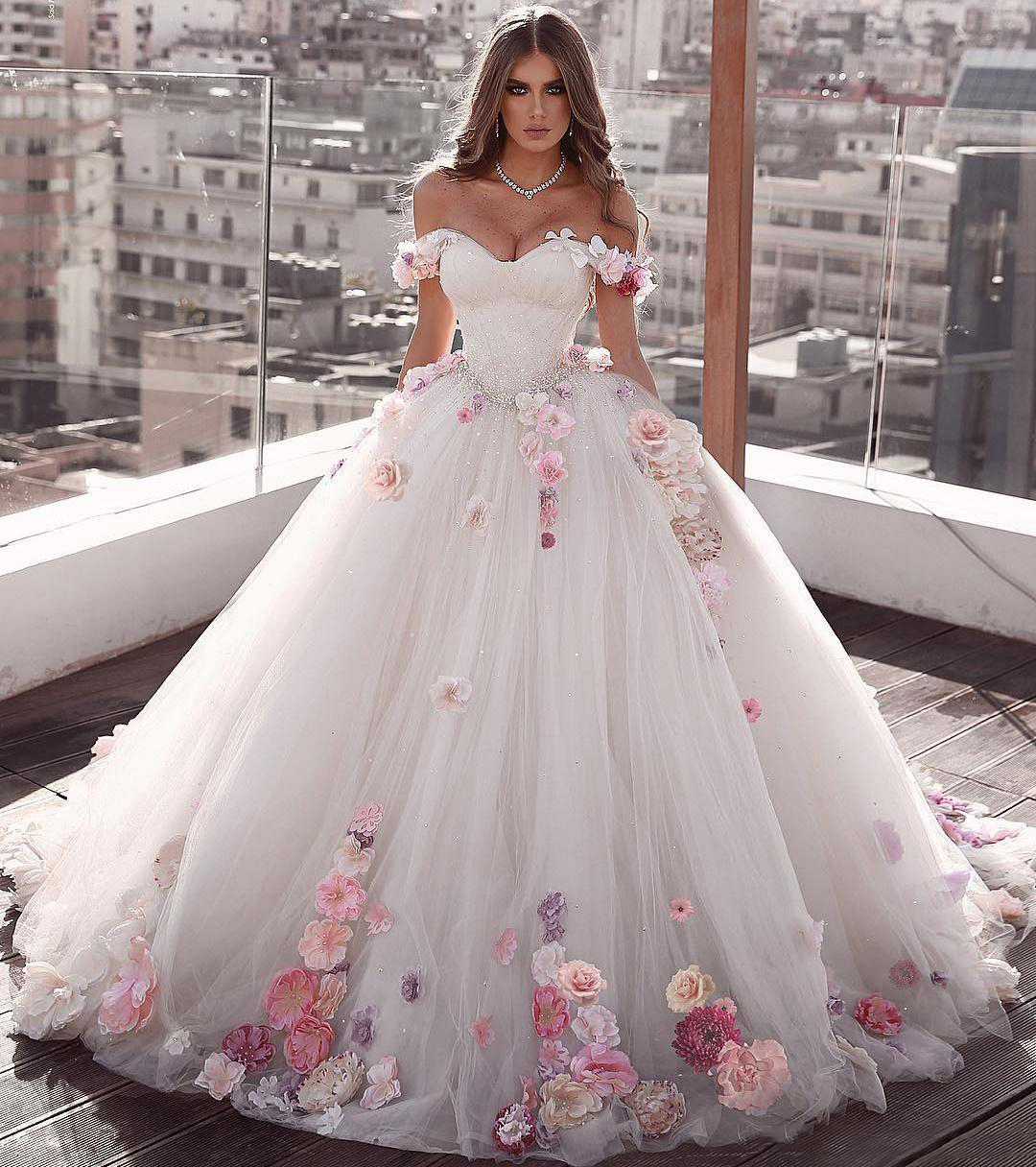 Off Shoulder Tulle Ball Gown Wedding Dresses Floral Flowers Beaded P5461