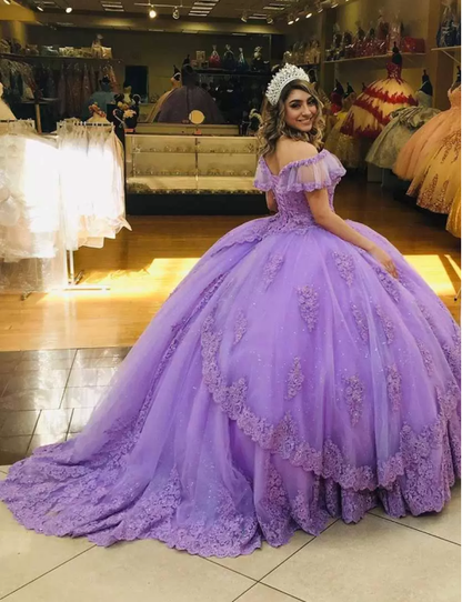 Lavender Quinceanera Dresses Lace Beaded Ball Gown Prom Princess Sweet 15 Dress    cg19123