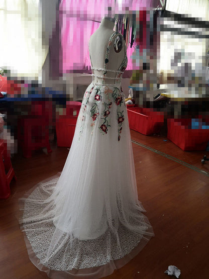 Charming V Neck Floral Embroidery Long Lace Prom Dress with Pocket KJ1