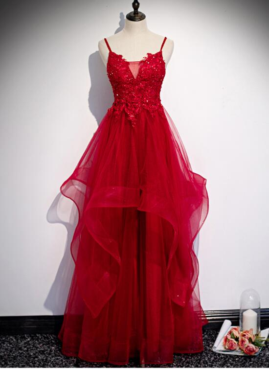 Red Lace Tulle Layered Straps Fashionable Long Party Dress, Long Prom Gown gh277