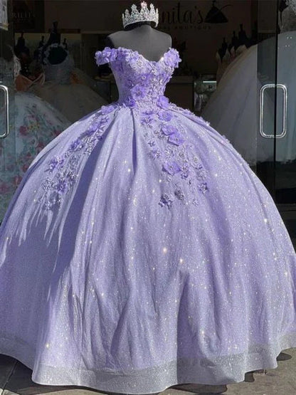 Lilac sparkling long ball gown evening dress quinceanera 3D flower sweetheart 15 16 princess ball gown gh910