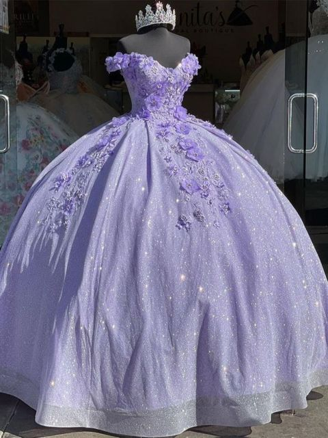 Lilac sparkling long ball gown evening dress quinceanera 3D flower sweetheart 15 16 princess ball gown gh910