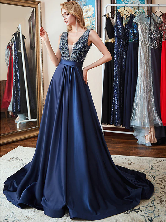 Double V-Neck Navy Blue Beads Crystal A Line Formal Prom Dresses  gh1056