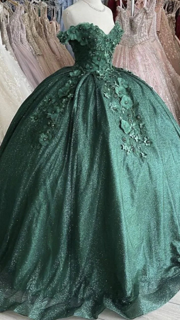 Off The Shoulder Green Ball Gown With Flowers Sweet 16 Dress   gh919