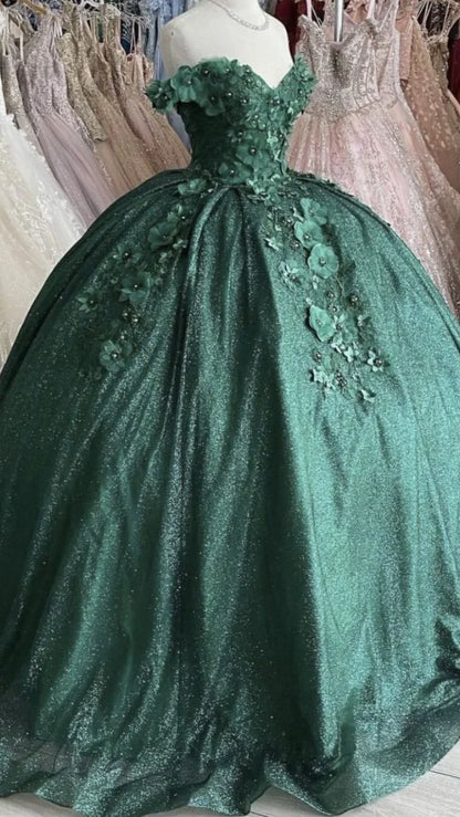 Off The Shoulder Green Ball Gown With Flowers Sweet 16 Dress   gh919