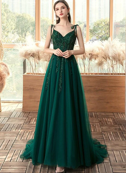 Green Beaded V-Neckline Straps Tulle Long Formal Dress, Dark Green A-Line Prom Dress gh78