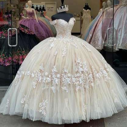 Champagne gorgeous exquisite lace applique off-shoulder long quinceanera dress 15 years old prom dress debutante dress prom dress gh981