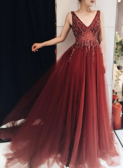 Charming V-Neckline Tulle Beaded Prom Gown, Evening Dresses gh573