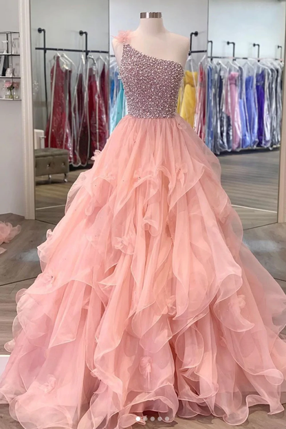 Gorgeous One Shoulder Beaded Pink Long Prom Dresses, Fluffy Pink Formal Evening Dresses, Beaded Ball Gown  gh920