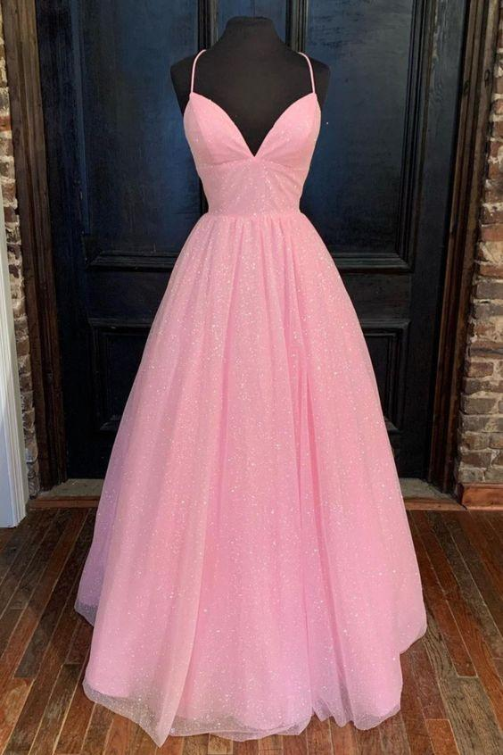 empire pink shiny tulle long prom dress  gh924