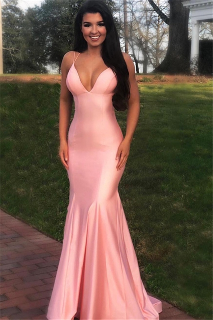 Gorgeous Spaghetti Straps Criss Cross Pink Prom Dress Mermaid Long Evening Gowns gh822