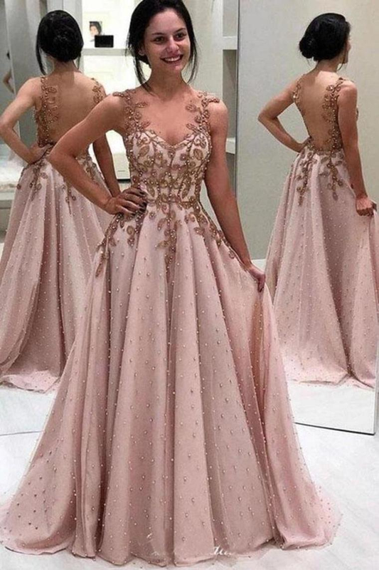 Luxury Beaded Long Prom Dresses, A-Line Popular Appliques Evening Dresses gh1132