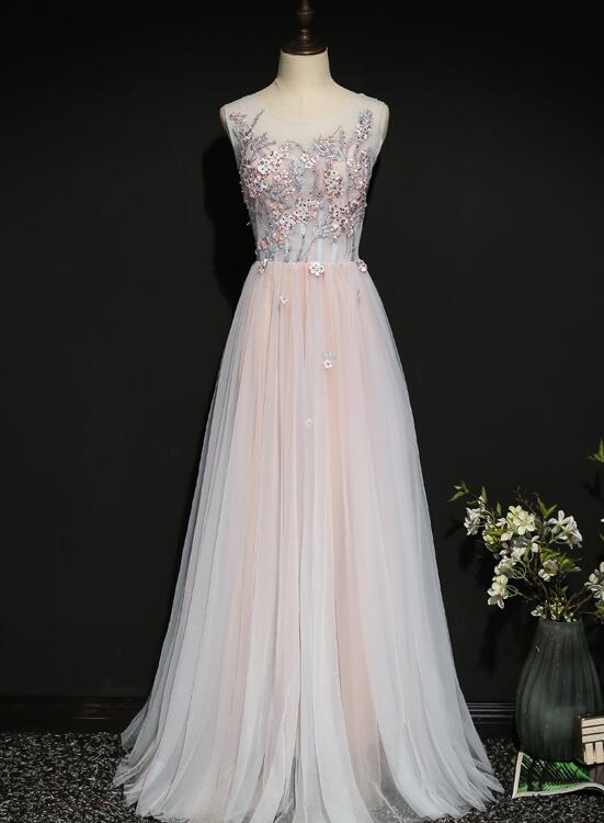 Light Pink Floral Tulle A-Line Prom Dress  Long Party Dress  gh401